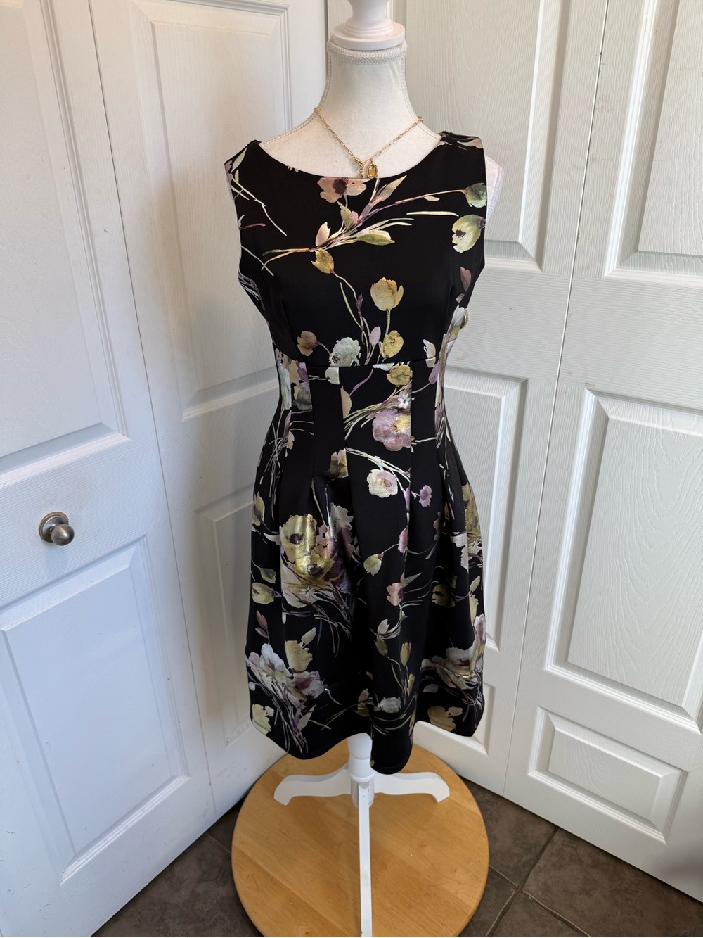 Enfocus Studio Black Floral Fit-and-Flare Dress with Yellow & Pink Accents